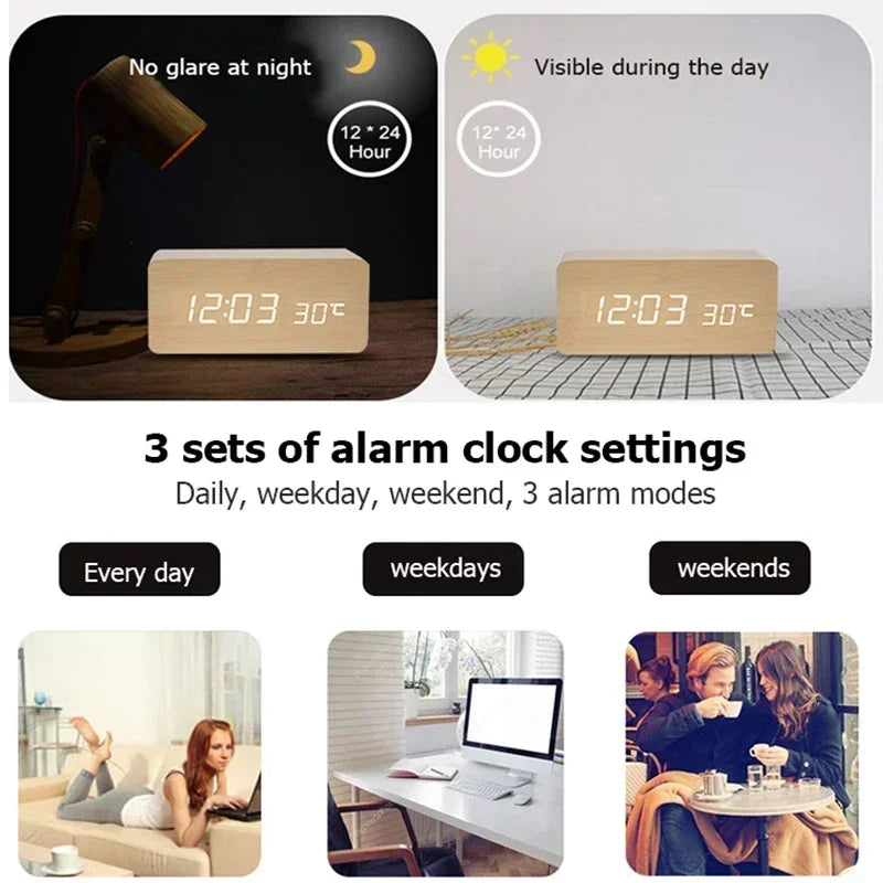 Wooden digital alarm clock with LED - Upgrade your routine with modern design